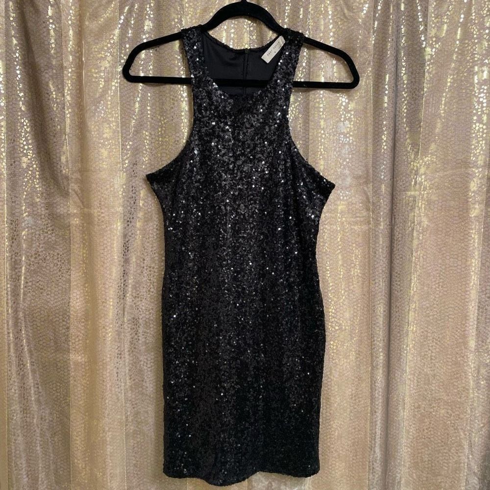 Bear Dance Women’s Medium Black Sequin Evening Sleeveless MIDI Dress Back Zip